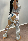 Casual Camouflage Polka Dot  Print O Neck Short Sleeve Crop T-shirt And Skinny Pants Sportwear Two Pieces Jogger Sets