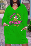 Green Pink The Grinch Outfit Christmas Party Dress V Neck Long Sleeve Women's Casual Outing Straight Loose Fit Tunic Midi Dress with Pocket