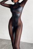Black Mesh See-Through Half A Turtleneck Long Sleeve Night Club Skinny Jumpsuit One Piece Bodysuit