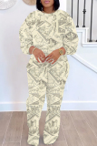 White Gray Casual Outing Floral Print O Neck Long Sleeve Sweatshirt And Pants Sportwear Two Pieces Jogger Sets