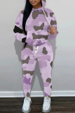 Light Purple Graphics Print Pocket Hooded Sweatshirt And Drawstring Pants Sportwear Casual Two Pieces Sweatpant Set