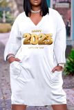 White Black New Year Eve Outfits Digital Print V Neck Long Sleeve Women's Casual Outing Straight Loose Fit Tunic Midi Dress with Pocket