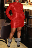 Black Casual Zipper Turtleneck Long Sleeve Night Club PU Leather Bodycon Mini Dresses