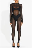 Black Mesh See-Through Half A Turtleneck Long Sleeve Night Club Skinny Jumpsuit One Piece Bodysuit