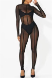Black Mesh See-Through Half A Turtleneck Long Sleeve Night Club Skinny Jumpsuit One Piece Bodysuit