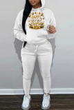 White Pink New Year Eve Outfits Digital Letter Print Pocket Hooded Sweatshirt And Drawstring Pants Sportwear Casual Two Pieces Sweatpant Set