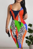 Green Casual Floral Print U Neck Sleeveless Vacation Bodycon Midi Tank Dress