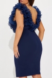 Royal Blue Evening Party Prom Gown Sleeveless Backless V Neck Mesh Ruffled Layered Shoulder Formal Office Bodycon Midi Dresses