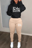 Khaki Letter Print Long Sleeve Hooded Sweatshirt and Skinny Stack Pant Casual Sportwear Two Piece Sweatpant Set