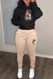 Black Green African Girl Print Long Sleeve Hooded Sweatshirt and Skinny Stack Pant Casual Sportwear Two Piece Sweatpant Set