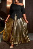Black Formal Evening Party Prom Wedding Guest Oblique Collar Half Sleeve Slit Blouse And Pleated Maxi Skirt Two Pieces Dress Sets