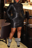 Black Casual Zipper Turtleneck Long Sleeve Night Club PU Leather Bodycon Mini Dresses