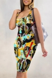 Green Casual Floral Print U Neck Sleeveless Vacation Bodycon Midi Tank Dress