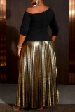 Black Formal Evening Party Prom Wedding Guest Oblique Collar Half Sleeve Slit Blouse And Pleated Maxi Skirt Two Pieces Dress Sets