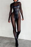Black Mesh See-Through Half A Turtleneck Long Sleeve Night Club Skinny Jumpsuit One Piece Bodysuit