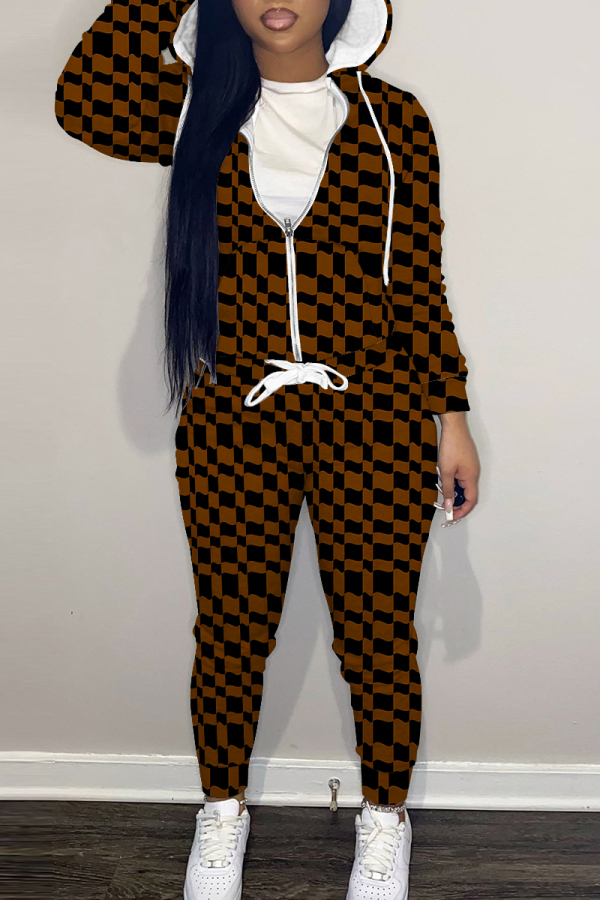 Brown Graphics Print Zipper Hooded Long Sleeve Jackets and Sweatpants Casual Sportwear Two Pieces Jogger Sets