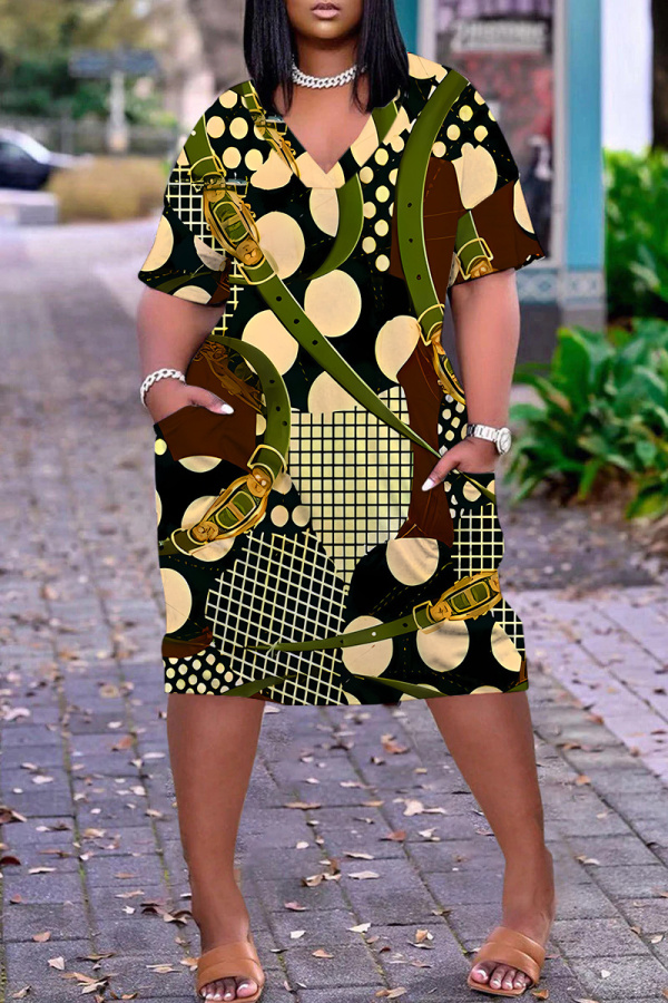 White Gold Graphics Print V Neck Short Sleeve Women's Casual Outing Straight Loose Fit Tunic Midi Dress with Pocket