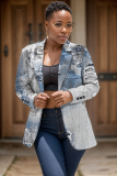 Dark Blue Casual Formal Office Faux Denim Print Buttons Cardigan Turn-back Collar Long Sleeve Blazer Jackets