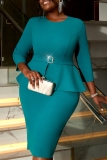 Lake Green Formal Evening Party Prom Wedding Guest Slit O Neck 3/4 Sleeve Wrapped Skirt Bodycon Midi Dresses