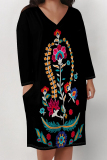 Khaki Casual Boho National Totem Floral Print  Deep V Neck Long Sleeve Women's Casual Outing Straight Loose Midi Dress