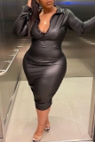 Black Ruched Zipper Collar Long Sleeve Night Club PU Leather Plus Size Bodycon Midi Dresses