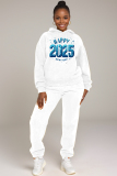 White New Year Eve Outfits Letter Print Pocket Hooded Sweatshirt And Drawstring Pants Sportwear Casual Two Pieces Sweatpant Set
