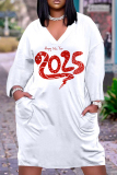 White Black New Year Eve Outfits Digital Print V Neck Long Sleeve Women's Casual Outing Straight Loose Fit Tunic Midi Dress with Pocket