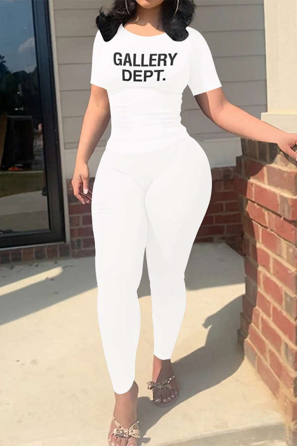 White Casual Sportwear Plaid Letter Print Contrast O Neck Short Sleeve T-shirt And Skinny Sweatpants Two Pieces Jogger Sets
