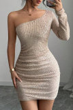 Apricot Sequin Evening Party Gown Backless Oblique Collar Single Sleeve Wrapped Skirt Bodycon Glitter Prom Mini Dress