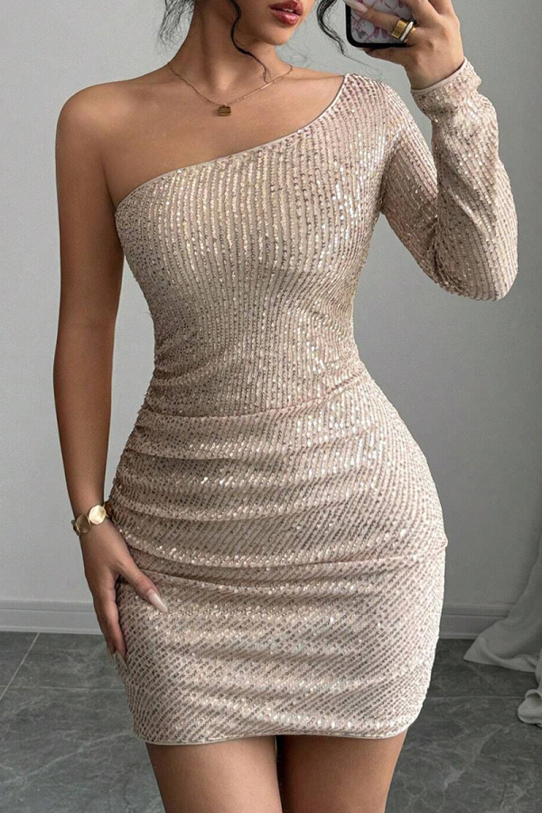 Apricot Sequin Evening Party Gown Backless Oblique Collar Single Sleeve Wrapped Skirt Bodycon Glitter Prom Mini Dress