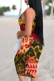 Green Casual Floral Print U Neck Sleeveless Vacation Bodycon Midi Tank Dress