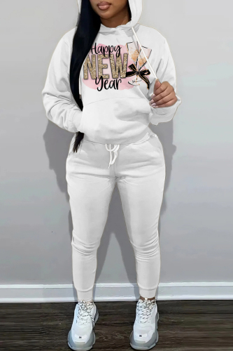 White Pink New Year Eve Outfits Digital Letter Print Pocket Hooded Sweatshirt And Drawstring Pants Sportwear Casual Two Pieces Sweatpant Set