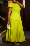 Mustard Green Formal Evening Party Prom Wedding Guest Patchwork O Neck Pleated Maxi Dresses