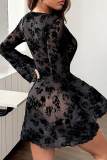 Black Flowers Lace Print O Neck Flare Sleeve Wrapped Skirt Formal Evening Party Prom Bodycon Mini Dresses
