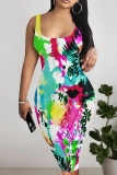 Green Casual Floral Print U Neck Sleeveless Vacation Bodycon Midi Tank Dress