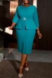 Lake Green Formal Evening Party Prom Wedding Guest Slit O Neck 3/4 Sleeve Wrapped Skirt Bodycon Midi Dresses