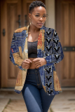 Dark Blue Casual Formal Office Faux Denim Print Buttons Cardigan Turn-back Collar Long Sleeve Blazer Jackets