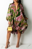 Pink Casual Graphics Print Buttons Belted Turndown Collar Long Sleeve Drastring Hem Vacation Plus Size Shirt Mini Dresses