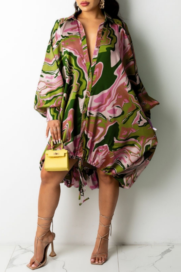 Pink Casual Graphics Print Buttons Belted Turndown Collar Long Sleeve Drastring Hem Vacation Plus Size Shirt Mini Dresses