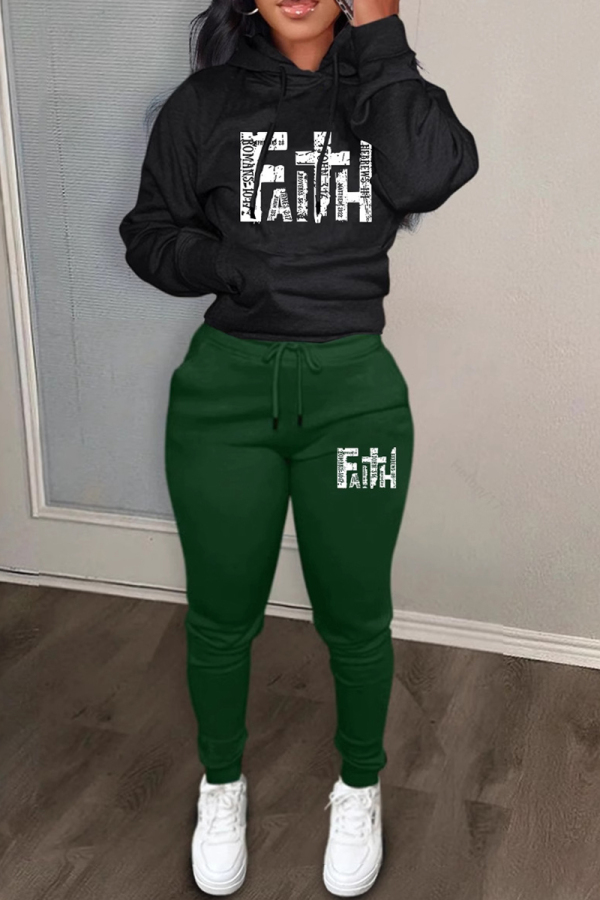 Khaki Letter Print Long Sleeve Hooded Sweatshirt and Skinny Stack Pant Casual Sportwear Two Piece Sweatpant Set