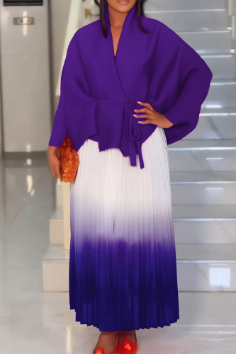 Light Purple African Ombre Print Strap Design Cardigan Collar Long Sleeve Kimono and Pleated Maxi Skirt Formal Office Evening Party Two Pieces Dress S