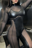 Black Mesh See-Through Half A Turtleneck Long Sleeve Night Club Skinny Jumpsuit One Piece Bodysuit