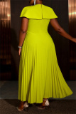 Mustard Green Formal Evening Party Prom Wedding Guest Patchwork O Neck Pleated Maxi Dresses