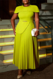 Mustard Green Formal Evening Party Prom Wedding Guest Patchwork O Neck Pleated Maxi Dresses