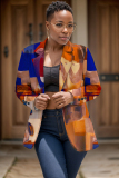 Blue Casual Formal Office Graphcis Print Buttons Cardigan Turn-back Collar Long Sleeve Blazer Jackets