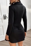 Black Casual Formal Office Zipper Turndown Collar Long Sleeve Blazer Mini Dresses