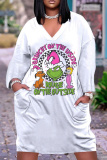 Green Pink The Grinch Outfit Christmas Party Dress V Neck Long Sleeve Women's Casual Outing Straight Loose Fit Tunic Midi Dress with Pocket