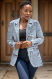 Dark Blue Casual Formal Office Faux Denim Print Buttons Cardigan Turn-back Collar Long Sleeve Blazer Jackets
