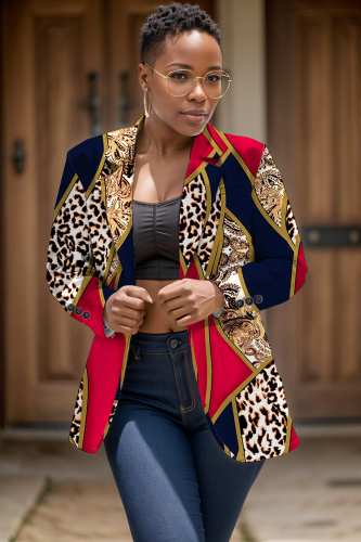 Blue Casual Formal Office Graphcis Print Buttons Cardigan Turn-back Collar Long Sleeve Blazer Jackets
