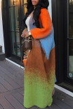 Orange Casual Outing Gradient Print Cardigan Long Sleeve Longline Sweater Jackets